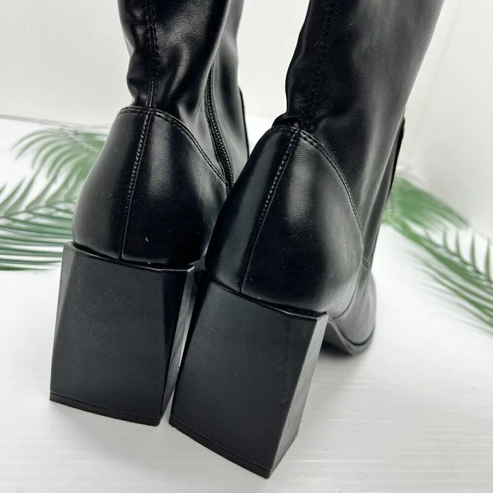 Open Edit Briar Black Faux Leather Square Toe Over Knee Boots Size 7M NWOB